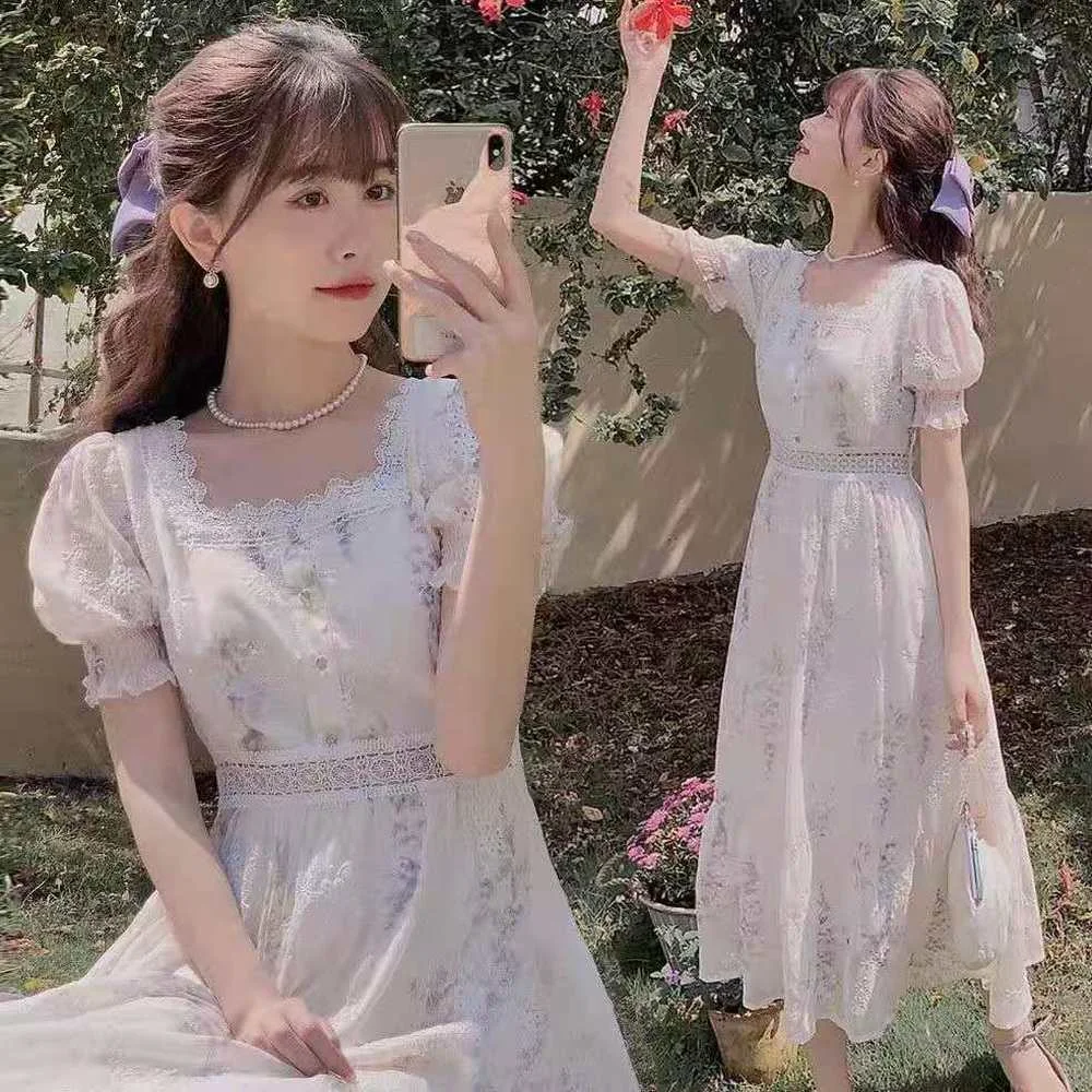 

One Piece Dress Korean Elegant Vintage Dresses Women Casual Floral Design Sexy Midi Dresses Evening Lace-Up 2021 Summer Chic