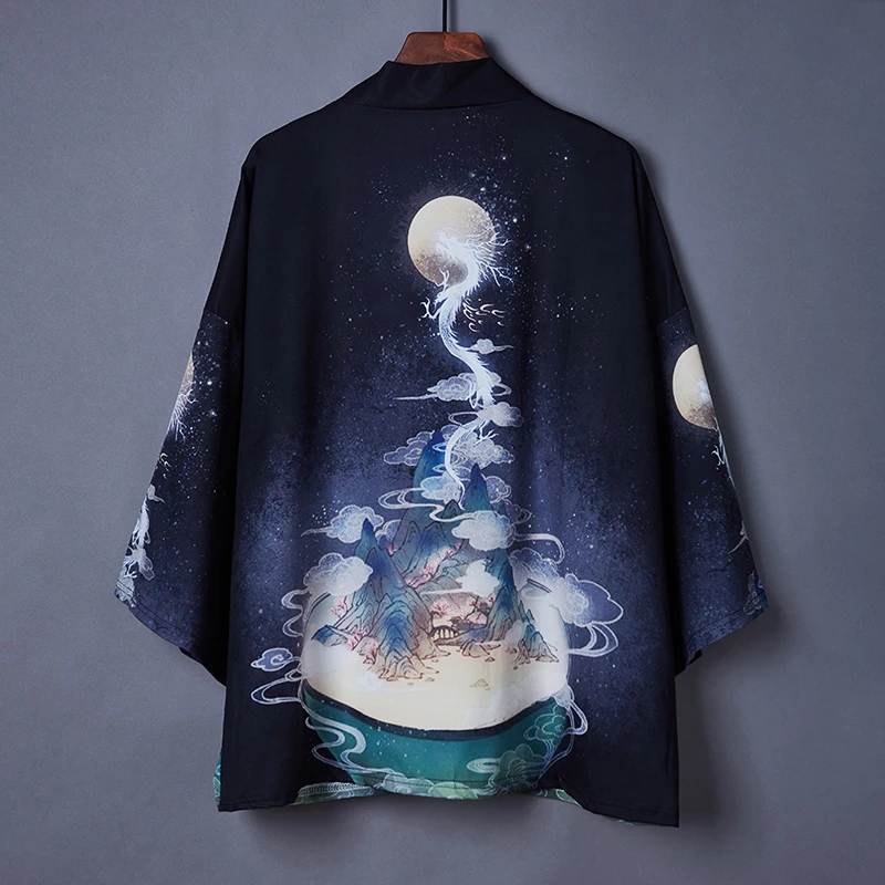 #5052 Summer Black Vintage Jacket Men Short Sleeved Chinese Style Hip Hop Loose Kimnono Coat Sunscreen Thin | Мужская одежда