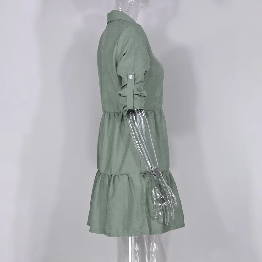 

2020 Autumn Winter Dress Women Lapel Single-Breasted Shirt Dress Casual Roll Up Long Sleeve Dresses Solid Color Ruffles Vestidos