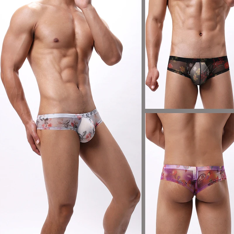 

European Size Sexy Men's Briefs Fashion Print Underwear Panties Transparent Mesh Gauze See Through U Pouch Underpants Cueca