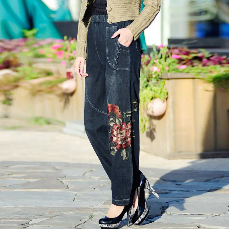 Spring Autumn Women's Vintage Wide-leg Jeans 2021 New Casual Flowers Embroidery Pants Cotton Denim Trousers Jean Femme