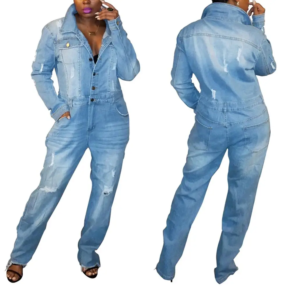 

Vintage Classic Streetwear Women Jeans Long Jumpsuit Femme Rompers Turn-down Collar Pocket Hole Catsuit Female Overalls