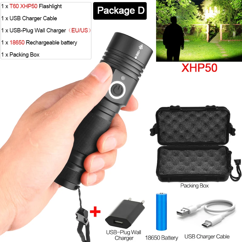 Package D Мощный светодиодный фонарь XHP70.2 светодиодный фонарь с зарядкой от USB XHP50 светодиодный фонарь с приближением и батареей 18650 - Испускаемый цвет: Package D