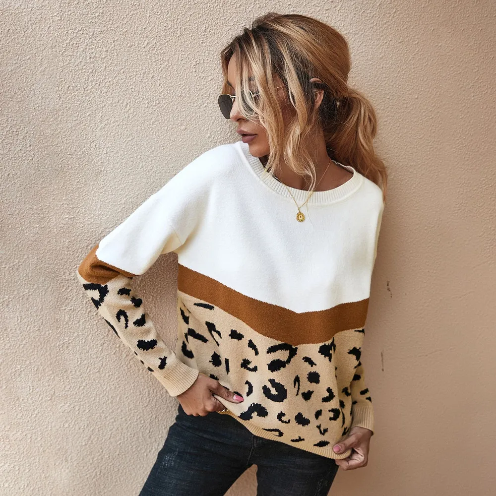 

Fashion Leopard Patchwork Women'S Sweater Autumn Winter Knitted Sweater Women O-Neck Full Sleeve Jumper Pullovers Top Pull Femme