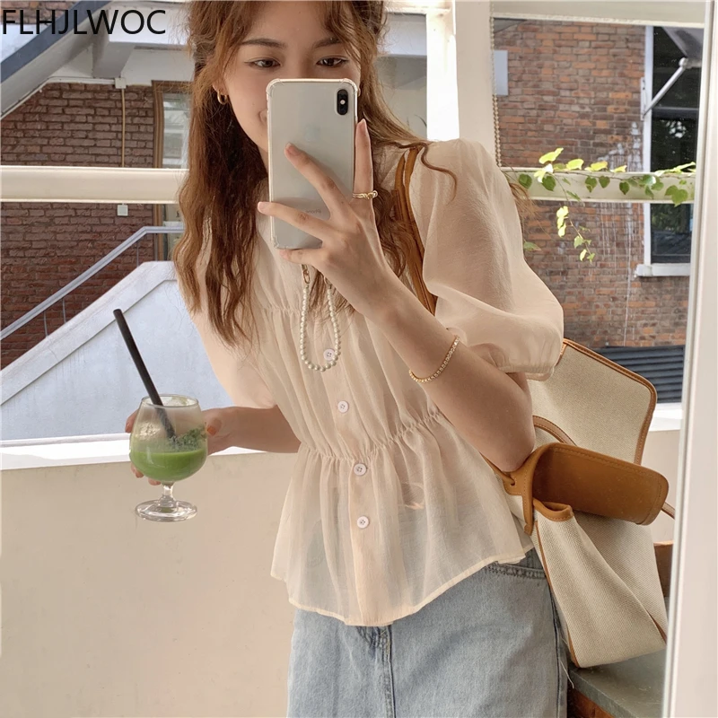

Chic Korea Fashion Tops Blusas Women Cute Sweet Girls Japan Style Ruffled Single Breasted Button Peplum Shirts