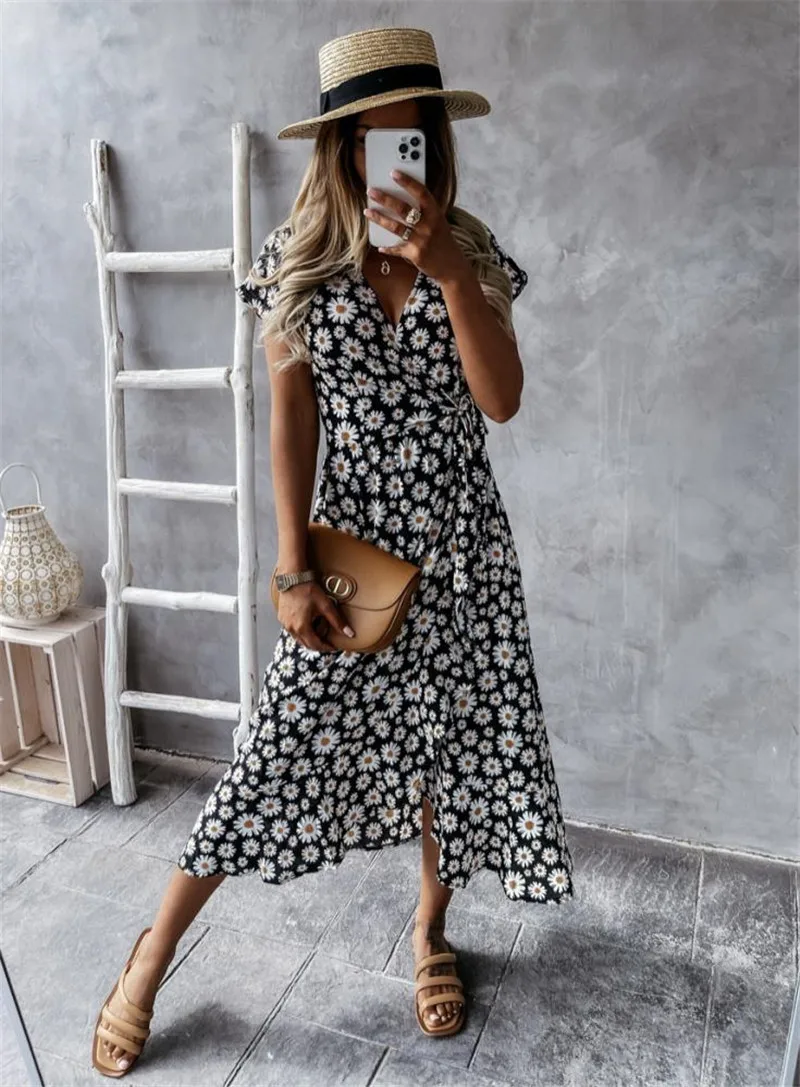 

Женское платье с цветочным принтом маргариток, летнее платье с глубоким V-образным вырезом и коротким рукавом, повседневная женская пляжная...