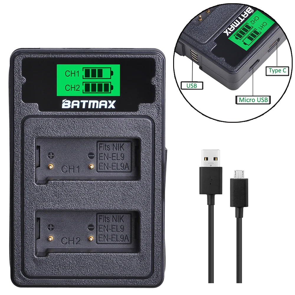 Аккумулятор Batmax EN-EL9 EN-EL9a EN EL9 + двойное зарядное устройство USB с ЖК-дисплеем и