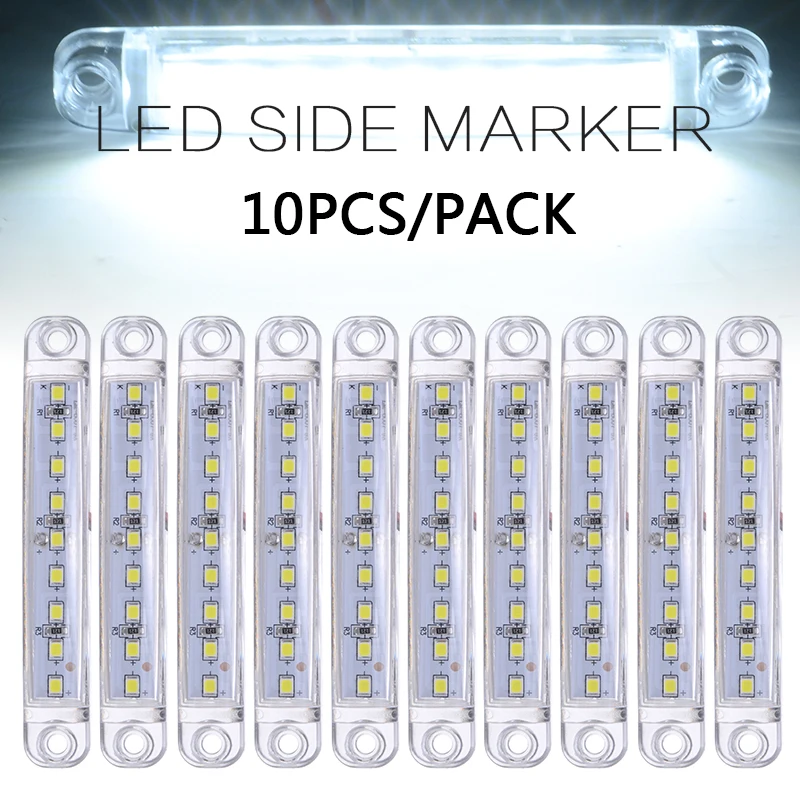 

10pcs White 12V 9 LED Car Auto Sealed Side Marker Clearance Light Truck Trailer Lorry Bus SUV Off Road Lamp 100x15mm DIY Parts