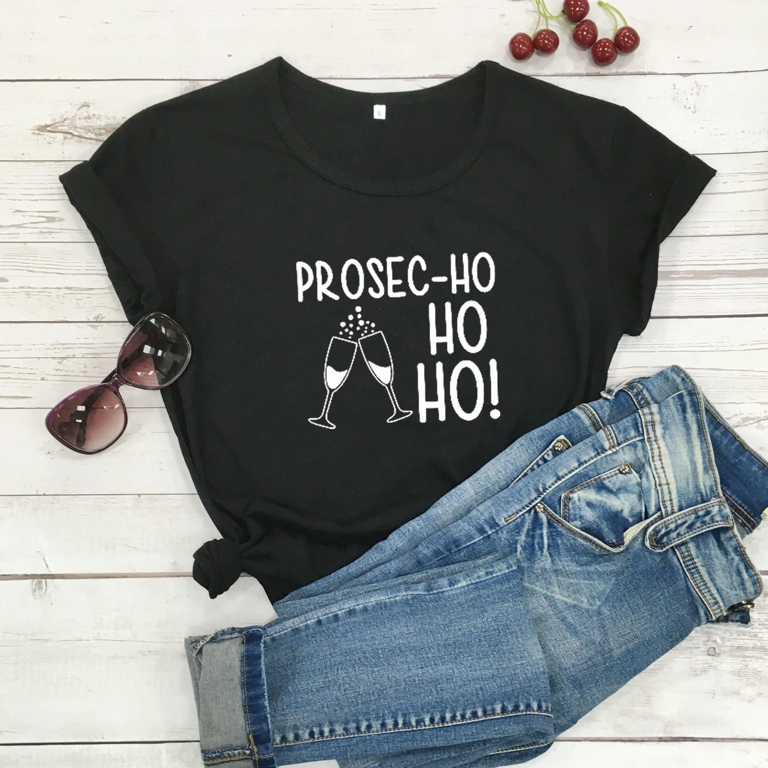 Black - white txt Prosec-Ho футболка Праздничная Женская забавная Рождественская футболка Prosecco милый Графический kawaii подарок слоган Чистый хлопок гранж футболки tumblr Топ - Цвет: Black - white txt
