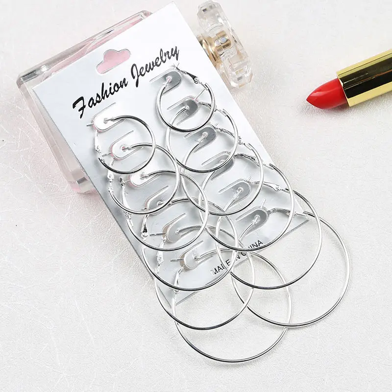 Rock And Roll Exaggeration Circular Ring Ear Circle 6 Pieces Earrings Set trendy earrings best selling | Украшения и аксессуары