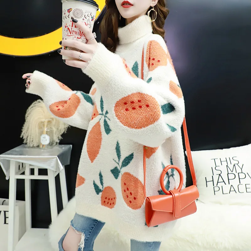 

Imitation Mink Velvet Turtleneck Sweater Women's Lazy Wind Mid-length 2021 Autumn And Winter New Loose Thick Knit Sweater Top