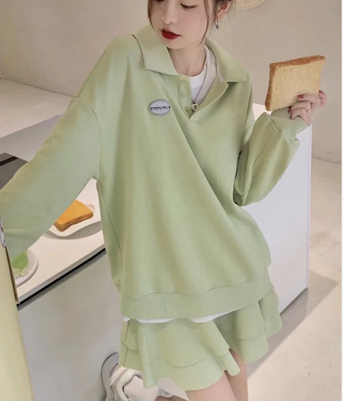 Green Sweater Women's Spring and Autumn Thin Loose Lazy Sweet Cool High Street Suit Long Sleeve Top |