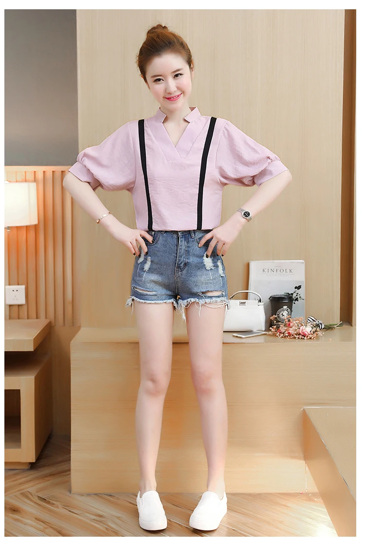 

Houthion Women's Blouses Fashion Short Sleeve Top Vertical Stripes V-neck Shirt Summer New Casual Blouse Chiffon Slim Tops