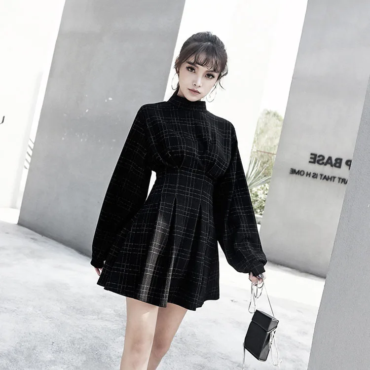 2019 осеннее женское винтажное мини платье с длинными рукавами в клетку подкладкой