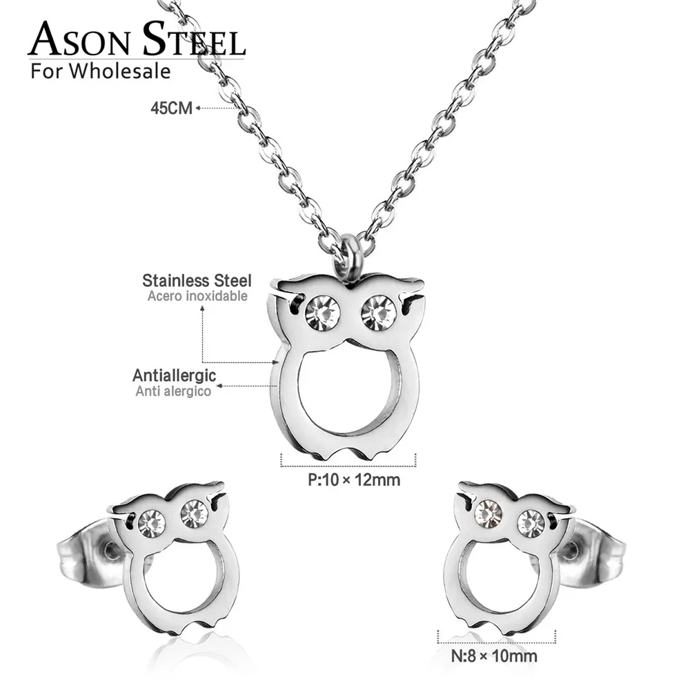 ASONSTEEL, ювелирные наборы с кубическим цирконием в виде совы для женщин/девушек, золото/серебро, кубинская цепочка, модные серьги-гвоздики, колье, бижутерия