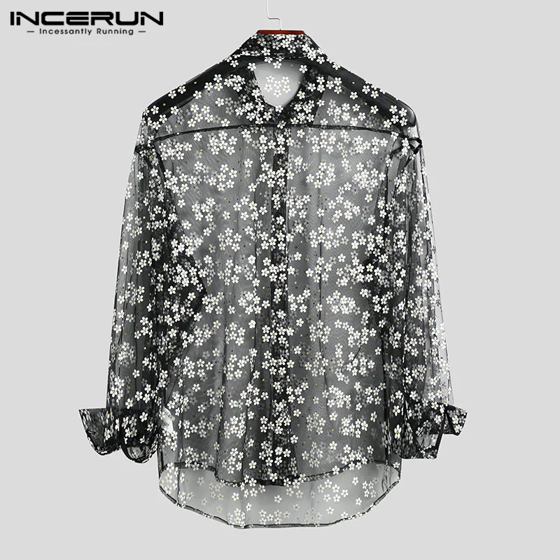 INCERUN Fashion Men Mesh Shirt Long Sleeve Transparent Printing Casual Loose Blouse Streetwear Lapel Party Clubwear Tops Casmia