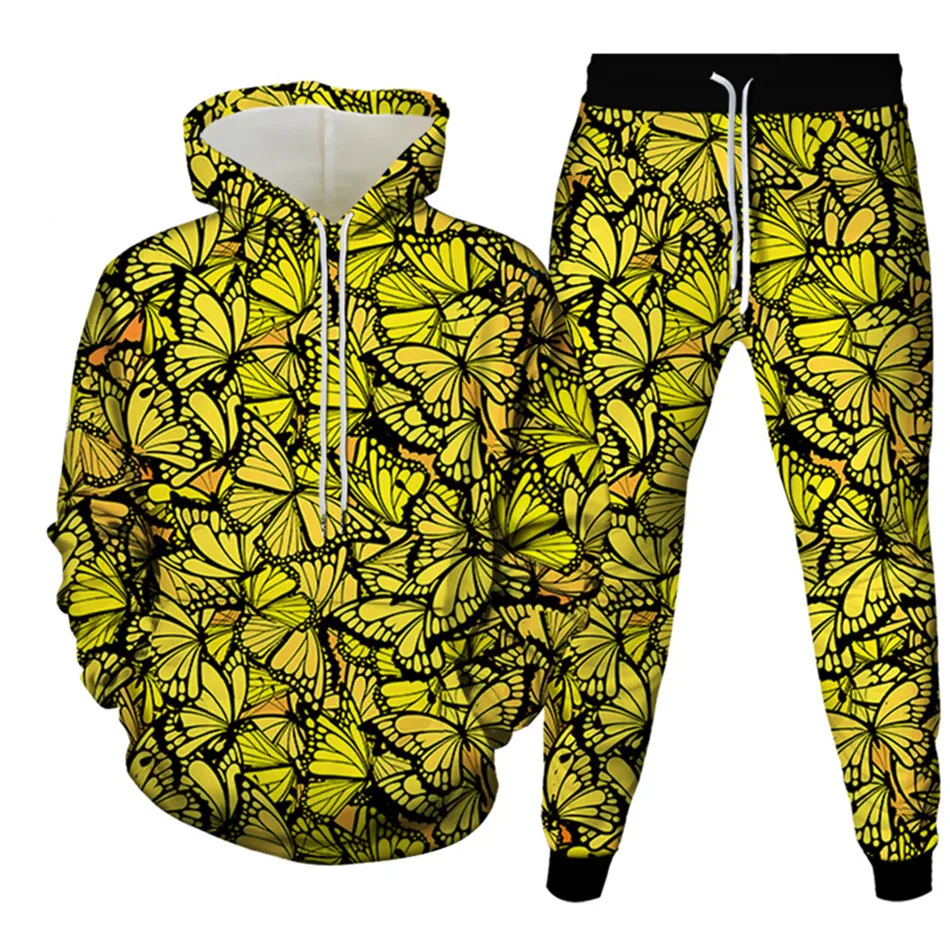 

Blue Yellow Animal Butterfly Print Women Men Fashion Clothing Hoody Sweatshirt+Jogger Pants 2PcsSets Teens Tracksuit Size S-6XL
