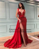 sparkly red sequined prom dresses with detachable train 2021 robe de soiree 2 in 1 sexy side split mermaid evening party gowns
