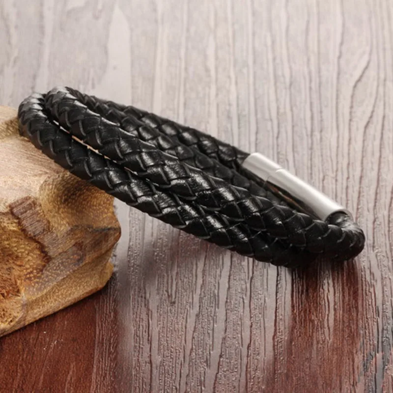 Классический мужской Многослойный кожаный браслет простой Серебристый из