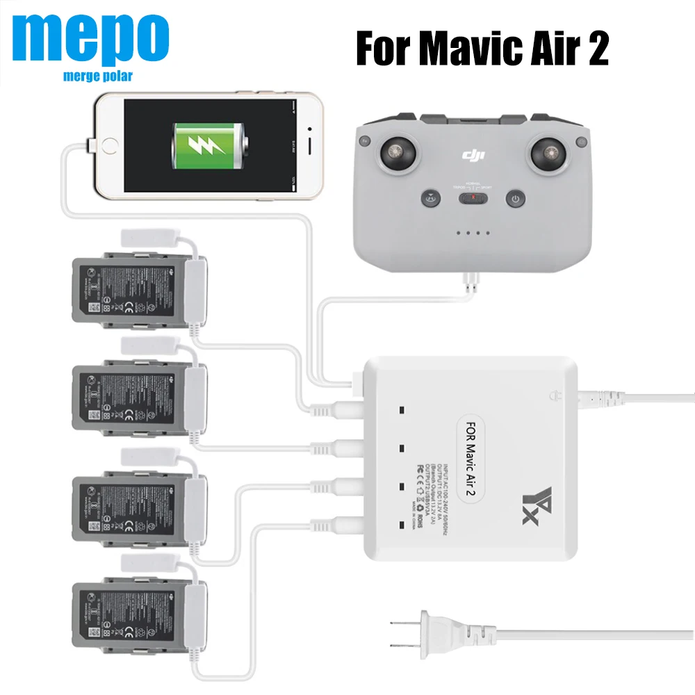 

Зарядный концентратор Mavic Air 2 для дрона, зарядное устройство с дистанционным управлением для DJI Mavic Air 2, с USB-портом, зарядка для телефона, 4 акк...