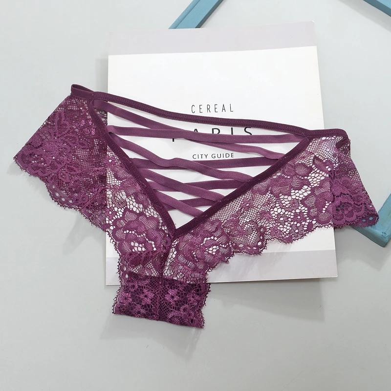 

2021 New Back Crossing Bandage Hollow Out Sexy Panties Lace Seamless Underwear Women Transparent Lingerie Solid Briefs Thong
