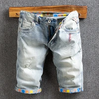 summer streetwear fashion men jeans retro light blue elastic printed designer ripped denim shorts korean style short jeans men