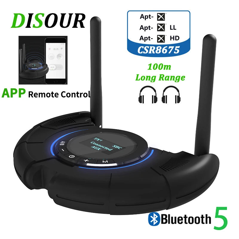 

AptxHD Low Latecy 100m Long Range Bluetooth Audio Adapter 3.5 AUX Spdif Optical Fiber With Antenna Wireless Transmitter Receiver