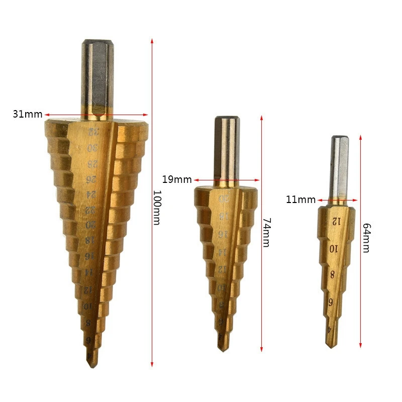 

3Pc Step Drill Bit Set Cone Hole Cutter Taper Metric 4 - 12 / 20 / 32mm 1 / 4 inchTitanium Coated Triple-cornered Taper