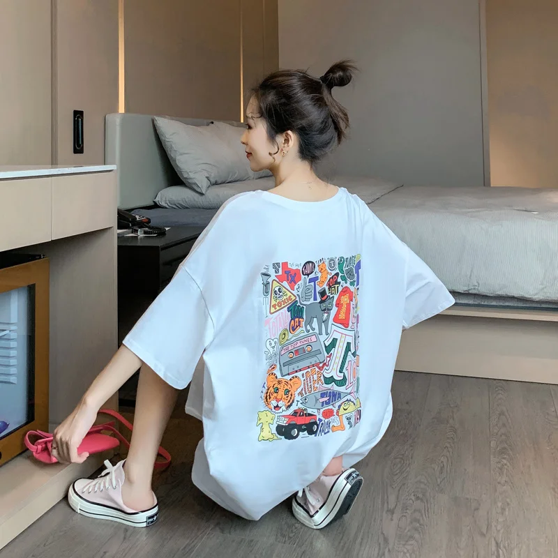 #2311 Summer Printed Mini Dresses Loose Cotton Tshirts Ladies Cartoon Printing Short Sleeve O-neck Dress Female Korean | Женская одежда
