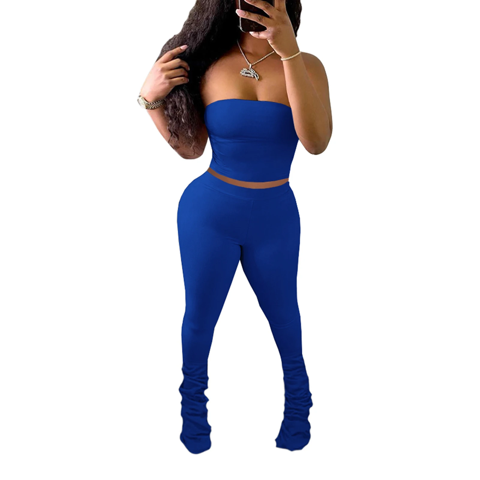 

2Pcs Women Summer Outfits, Solid Color Boob Tube Tops + High-Waist Footed Tight Pants Suit for Girls, 5 Colors