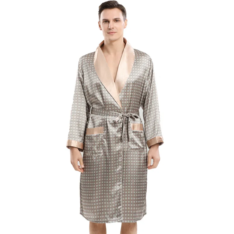 

European Size s-3xl Men's Robe Spring Summer Long Sleeve Silk Bathrobe 21-1012
