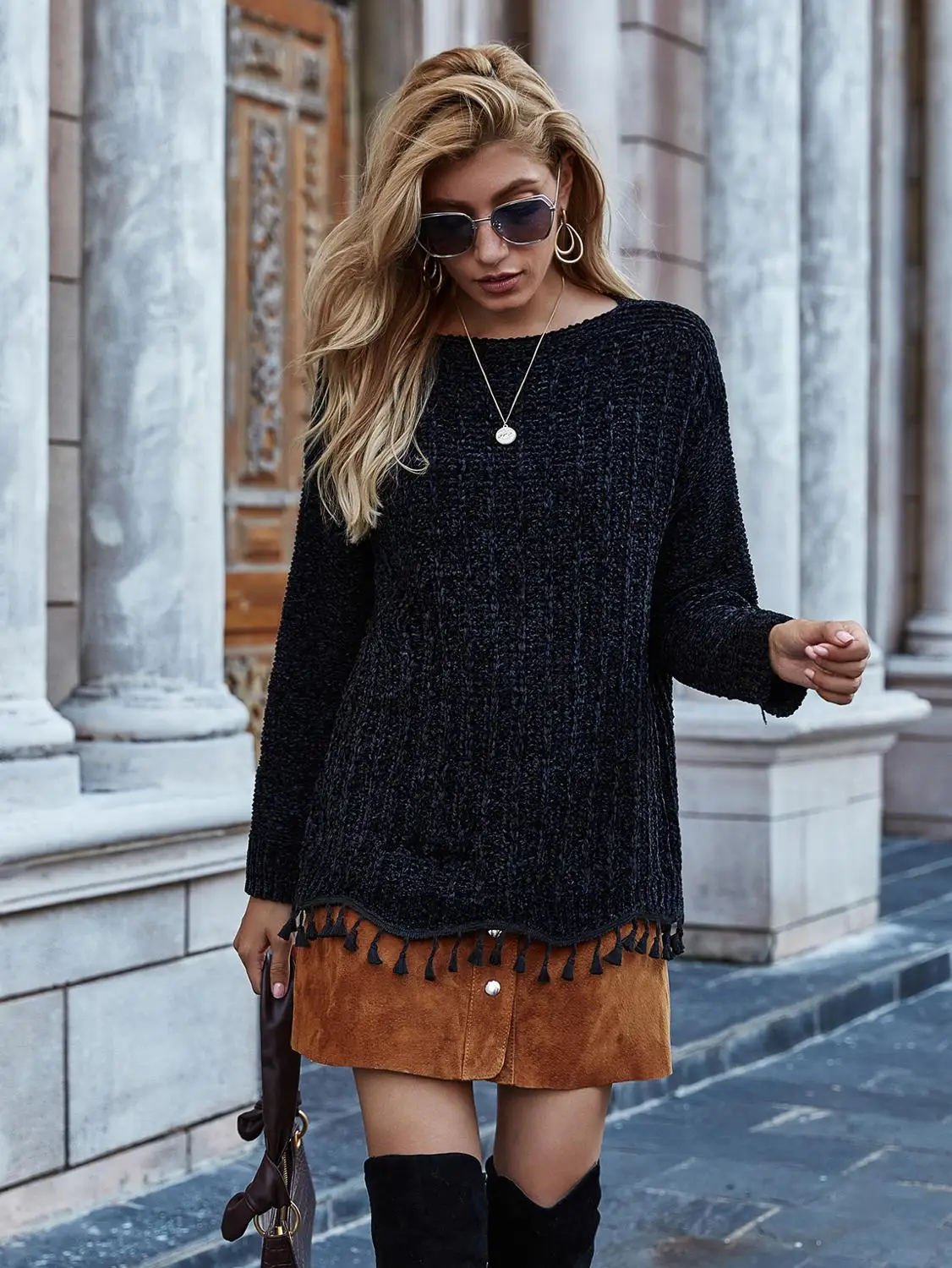 

Qooth Sweater Women 2020 Loose Tassel Patchwork Long Sleeve Crochet Top Lovely Pullovers O neck Jumper Women SweaterQT335