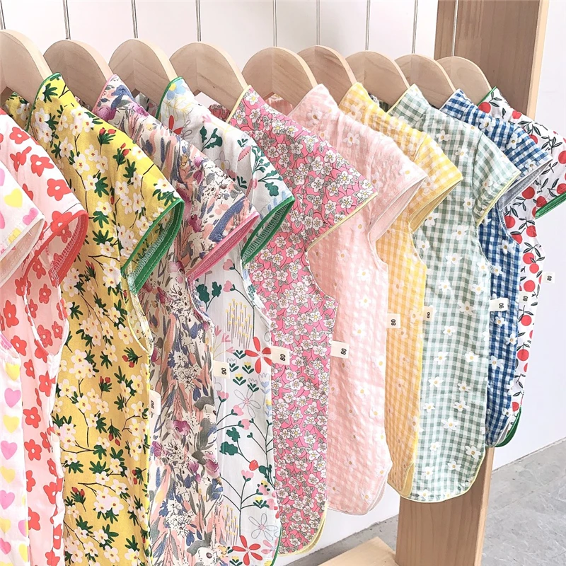 

2021 Summer New Kids Clothes Girls Cheongsam Dress for Babies Floral Print Retro Chinese Style Outfits Children Cotton Clothing