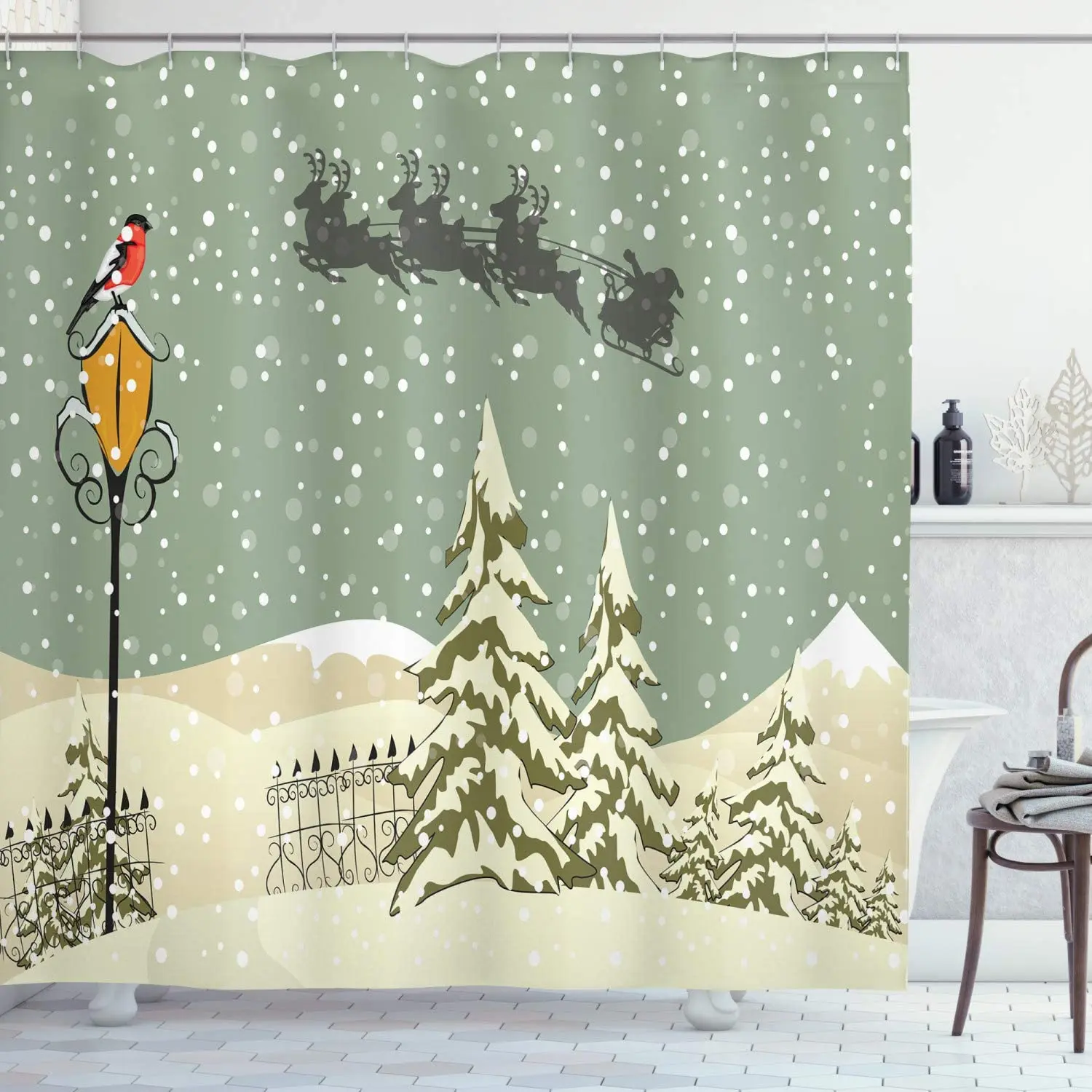 Merry Christmas Shower Curtains Set Winter Xmas Trees Red Bird Street Lamp Holiday Bathroom Decor With Hooks Fabric Bath Curtain
