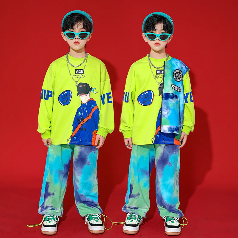 Hip Hop kızlar mavi yelek Sweatpants kıyafet çocuk çizgi film kazak Joggers spor pantolon sokak dans çocuk giysileri setleri kostümleri