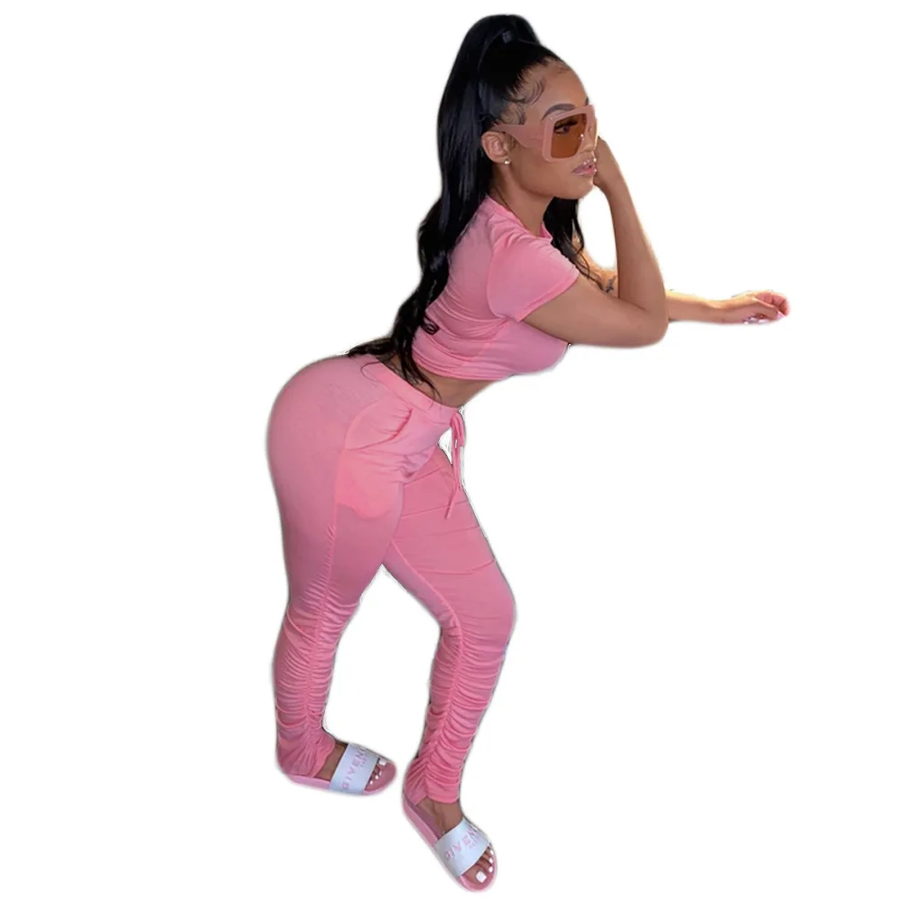

Sportwear Workout Casual Two Piece Sweatsuit Women's Suit Short Sleeve Slim Fit Crop Top Drawstring Stacked Pant Skinny Outfits