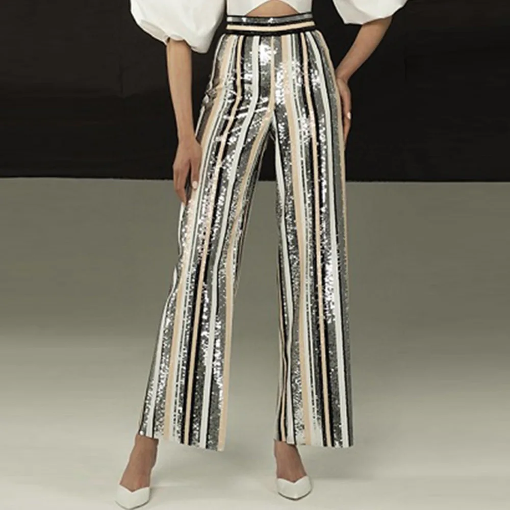 New Women's Fashion Casual Pants In Autumn And Winter Europe And America Stripe Sequin Bead High Waist Thin Wide Leg Pants