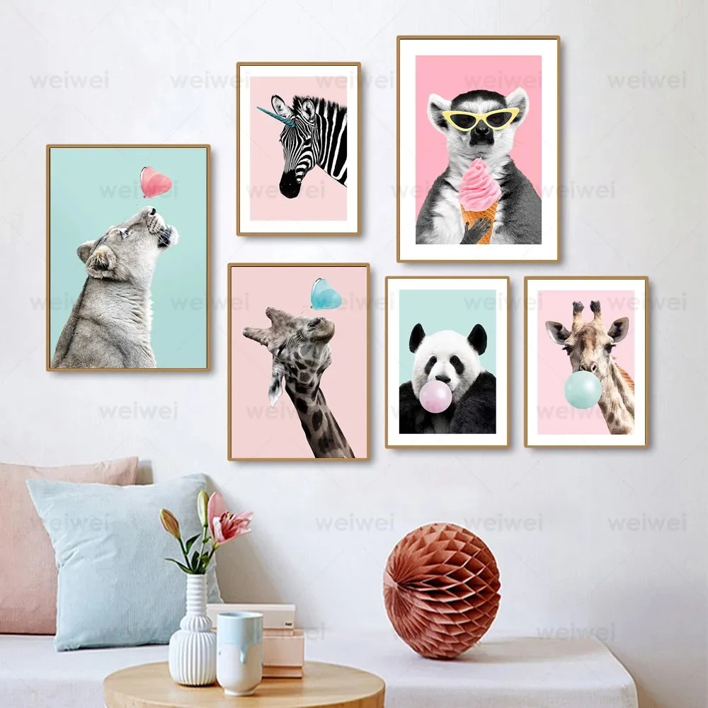 

Baby Nursery Wall Art Cute Cartoon Animal Pictures Bubblegum Giraffe Panda Posters Zeabra Canvas Painting for Kid Bedroom Decor