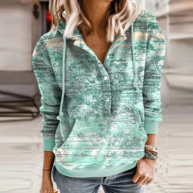 

Casual Harajuku Print Pullover Hooded Women Fashion Button Drawstring Tops Hoodies Clothing Retro Long Sleeve Shirts Streetwear