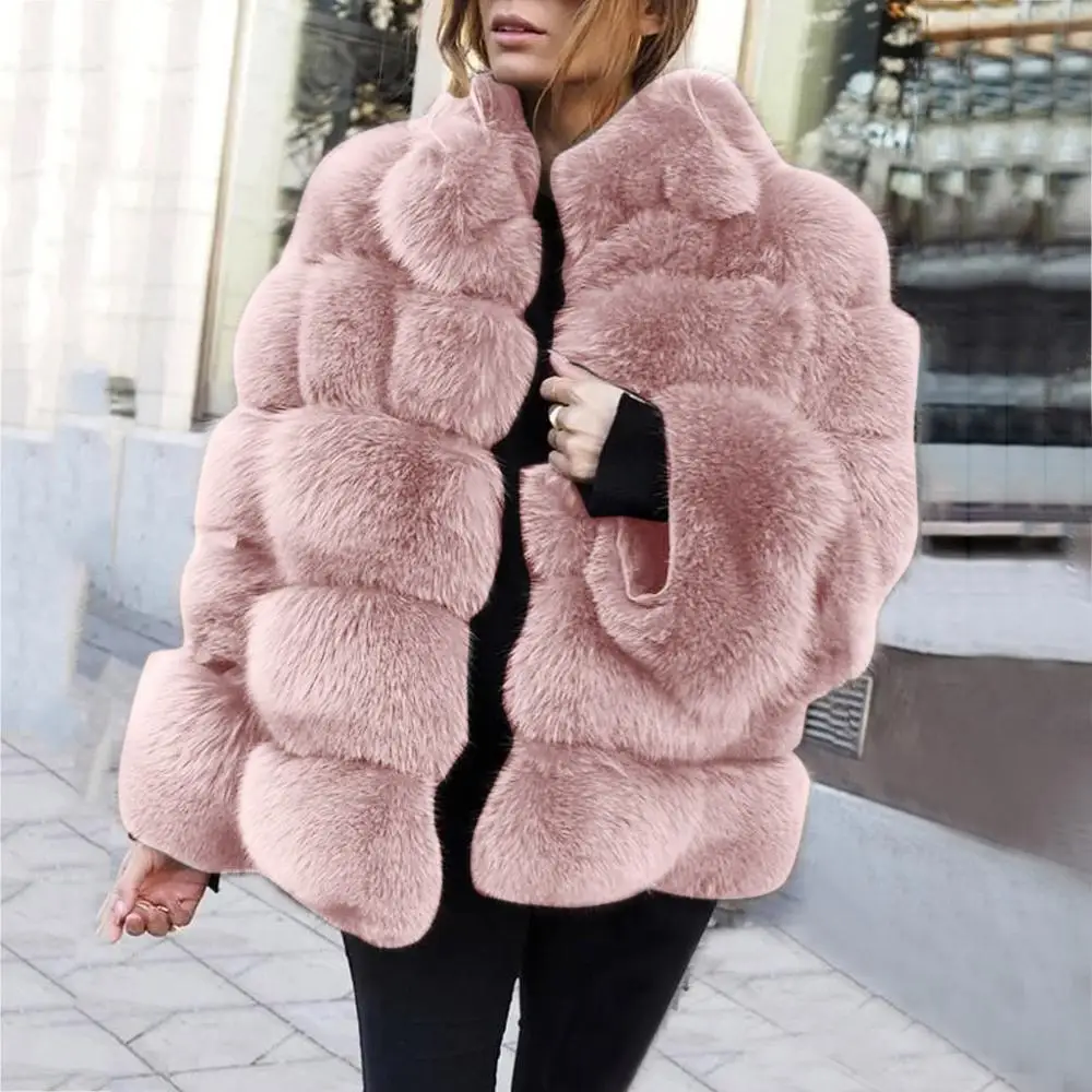 Women Luxury Faux Fox Fur Coat Black Overcoat Winter Short Warm Fur Jacket Outerwear Long Sleeve Plush Thick Fur Coats 2022 New