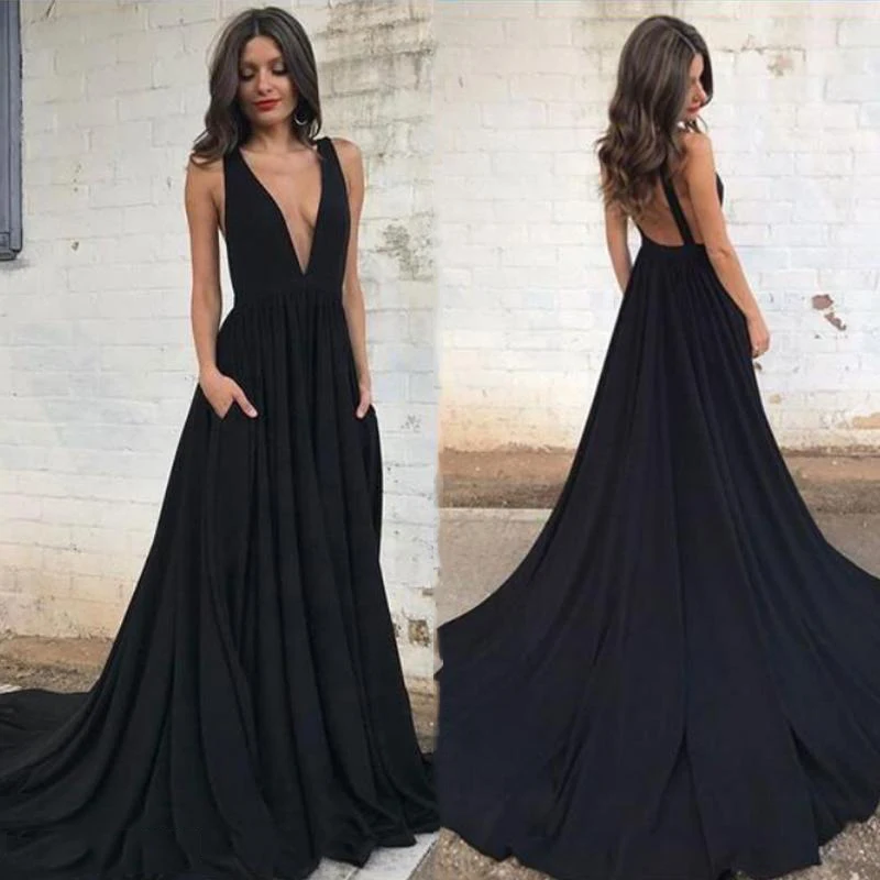 

Дешевые V образным вырезом черный Выпускные платья 2021 трапециевидной формы без рукавов сексуальное с открытой спиной Длинные вечерние плат...
