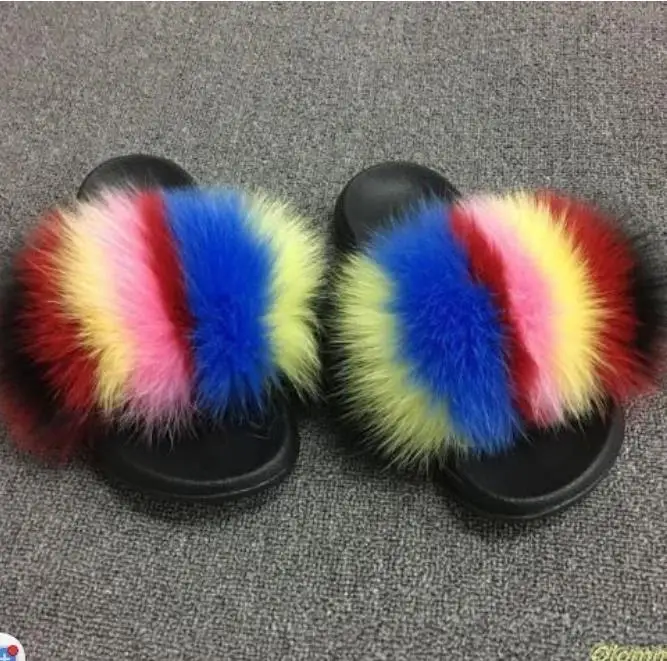 Real Raccoon Fur Slippers Women Sliders Casual Fox Hair Flat Fluffy Fashion Home Summer Big Size 45 Furry Flip Flops Shoes - Цвет: fox