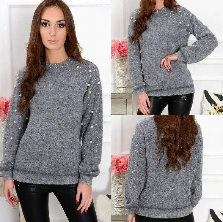 Women Knitted Solid Round Neck Pearl Oversized Loose Sweater Crew Cashmere Jumper Ladies Winter knit Long Pullover Tops | Женская одежда