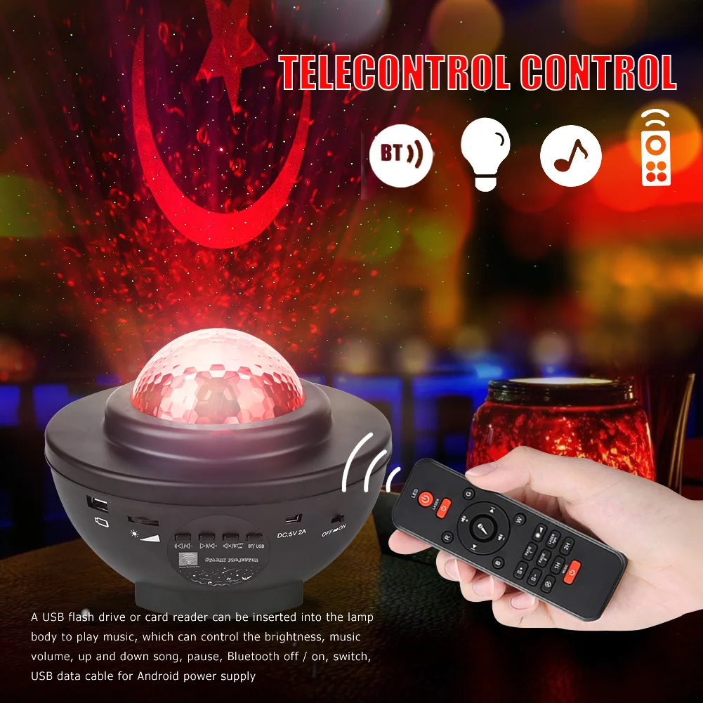 

Светодиодный ночник с красной звездой, музыкальный Звездный светильник с водяными волнами, проектор с USB, интеллектуальный светильник для к...