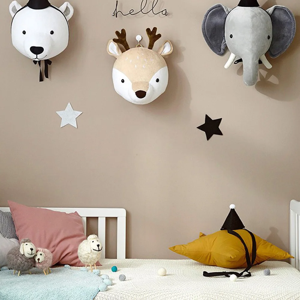 

Nordic Style Stuffed Animal Head Animal Doll Home Decor Toy Cute Wall Decoration Lifelike Funny Printed Kids Bedroom Creative