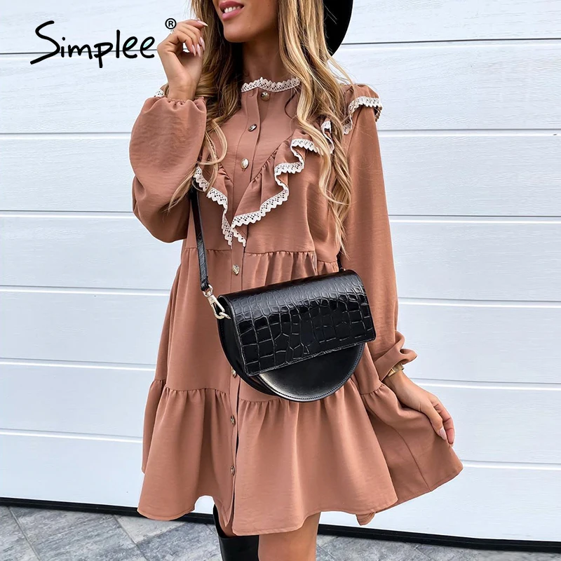 Однотонное женское платье Simplee с пышными рукавами кружевное летнее оборками на