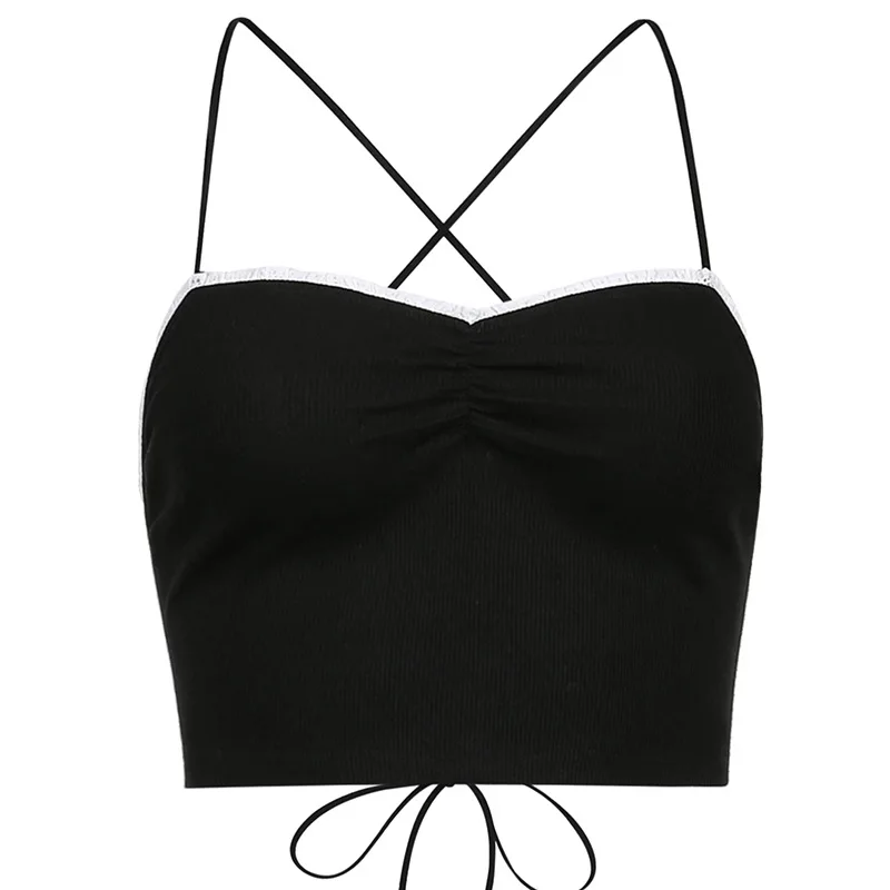 

Women Sexy Sleevelsess V Neck Short Cropped Top Slim Spaghetti Strap Streetwear Black White Lace Up Camisoles