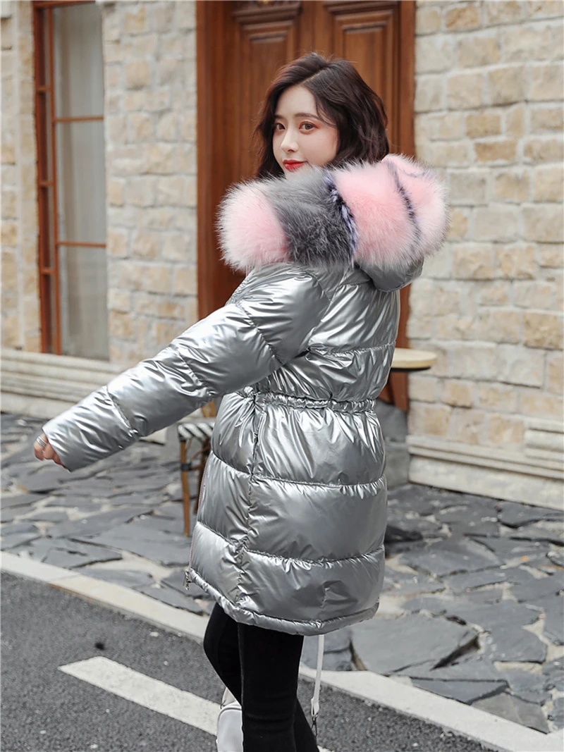 

Glossy Women's Down Jacket Winter Warm Hooded Fur Collar Cotton Coat Woman Large Size Padded Parka Outwear Female Jackets