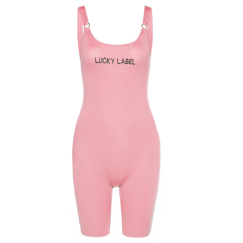 

Sexy Bandage Jumpsuits Women Letters ''Lucky'' Print Ribbed Rompers Female Playsuit High Street Grey Jumpsuit Mujer Body Suits
