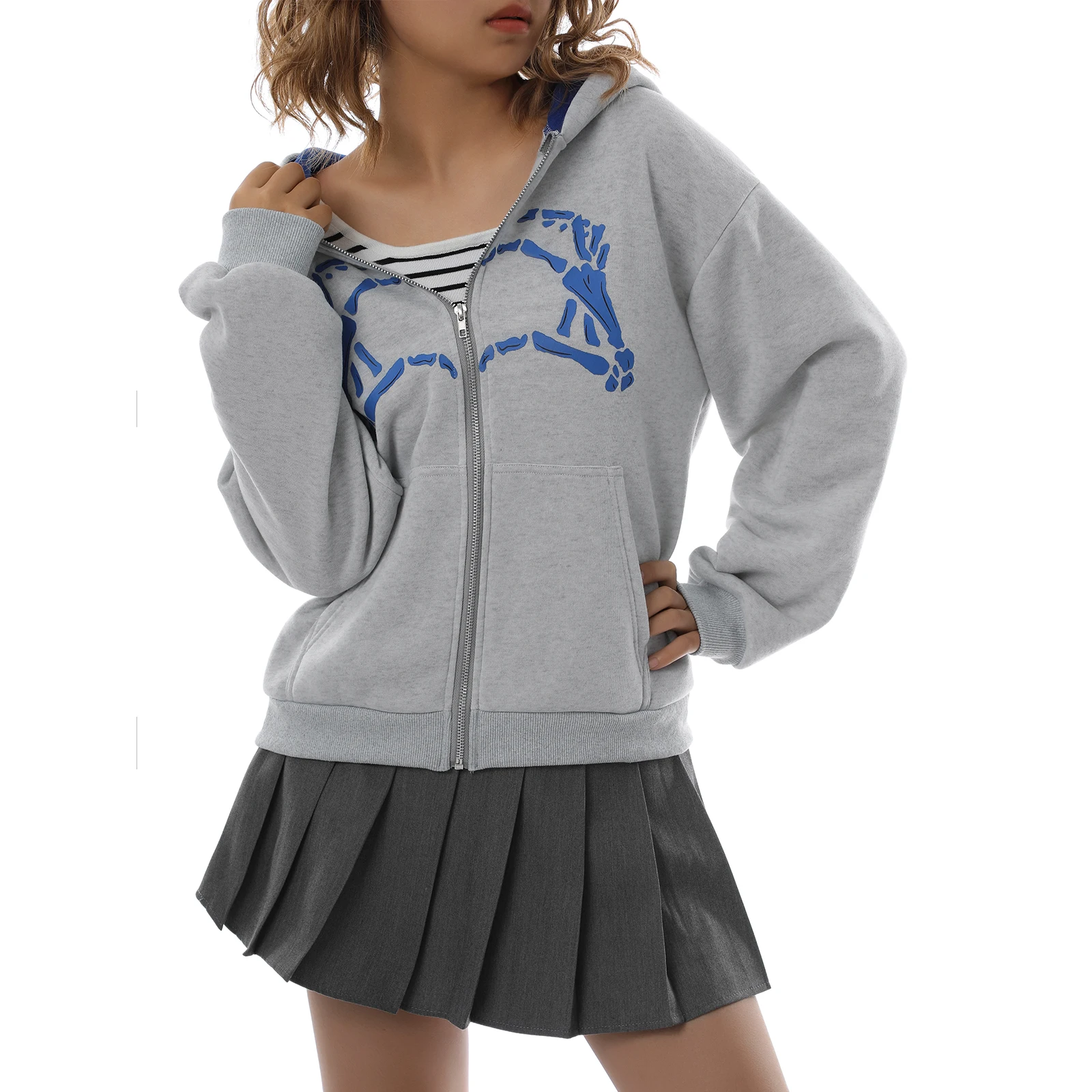 

Толстовка с длинным рукавом для девочек, Свободное пальто на молнии с принтом пальцев для досуга, топы с капюшоном для весны и осени